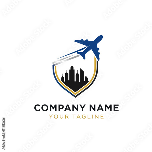 Modern City Skyline and Airplane Shield Logo for Travel and Urban Business Branding, Flat Vector Elements, Vector Illustration, Simple Vector, Stylized Vector Drawing, Vector Template, Clean Vector