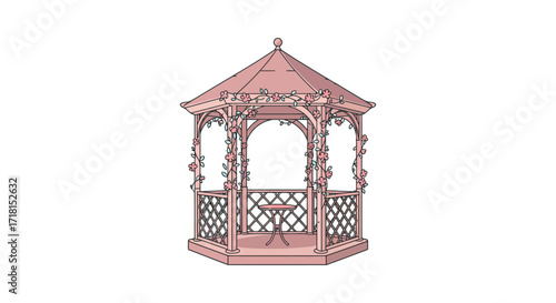 Detailed illustration of a pink hexagonal gazebo with floral decorations