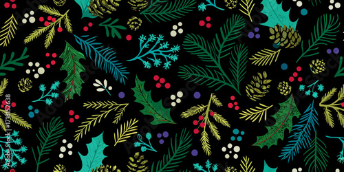 Festive christmas pattern with pine branches holly berries and pinecones on black background