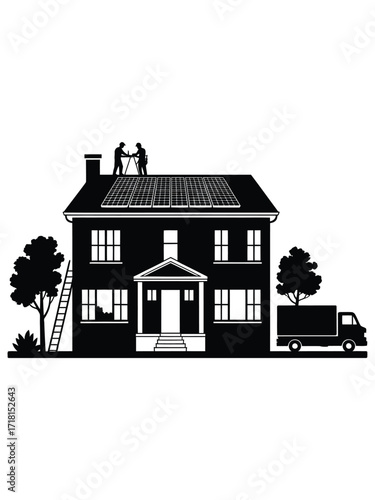 Workers installing solar panels on a residential house roof