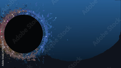 Abstract cosmic explosion with a dark circular void against a deep blue gradient background