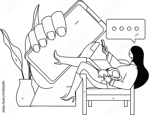 Woman relaxing on couch engrossed in smartphone messaging with a large hand holding another phone prominently in the foreground, conveying digital connection