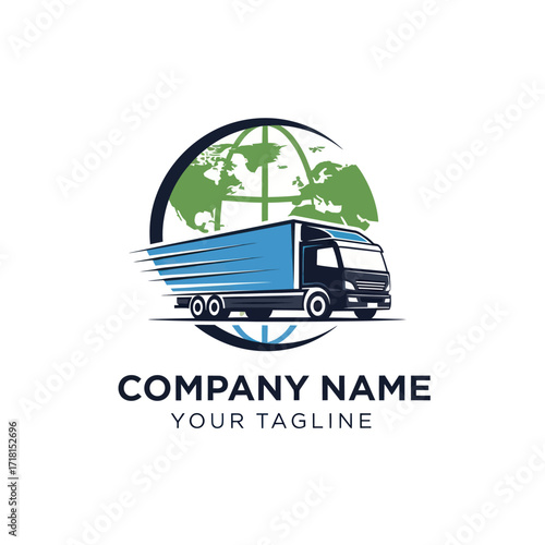 Modern Global Logistics Logo: Blue Semi-Truck Speeding Across World Map for International Shipping & Fast Freight Delivery Services on White Background, Flat Vector Elements, Vector Illustration,