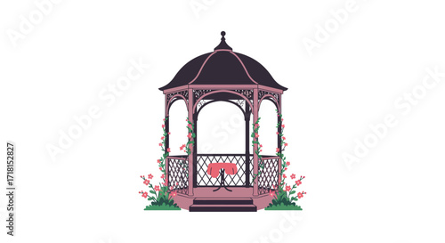 Elegant ornate gazebo with pink roses and a musical instrument inside