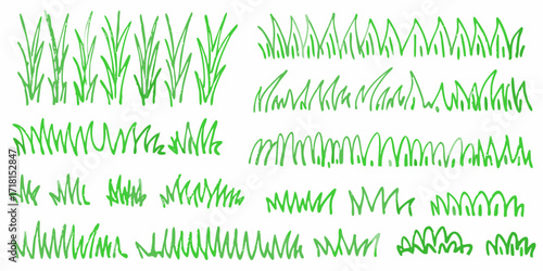 Collection of hand drawn green grass elements and borders in a simple sketchy style