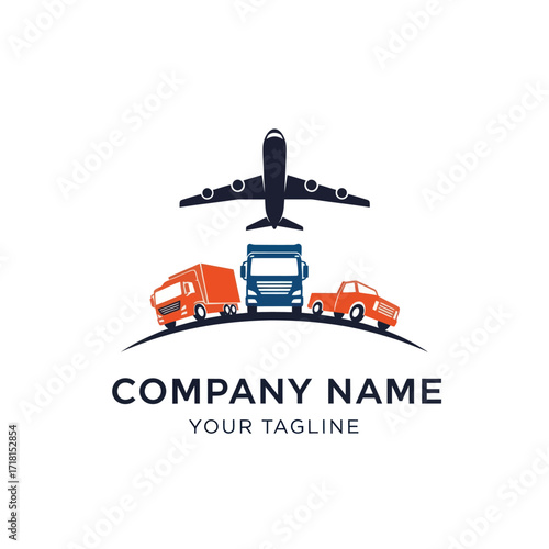 Modern Logistics and Transportation Company Logo featuring Airplane and Trucks on a Stylized Road, ideal for Freight, Cargo, and Global Shipping Services., Flat Vector Elements, Vector Illustration,