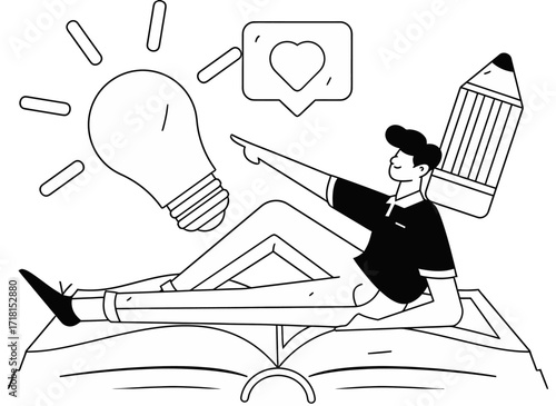 Creative inspiration ignites brilliant ideas as a person points to a glowing lightbulb, sitting on an open book with a large pencil symbolizing knowledge and learning