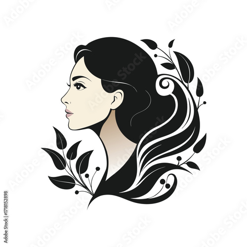 Elegant woman portrait vector illustration with flowing hair and floral leaves, beauty fashion artwork design, feminine decorative template, cosmetic lifestyle artwork illustration symbol