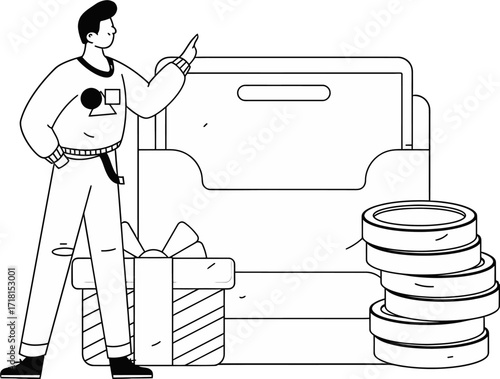 Confident entrepreneur points to savings and gift, planning financial growth and rewarding success with strategic investment and business development