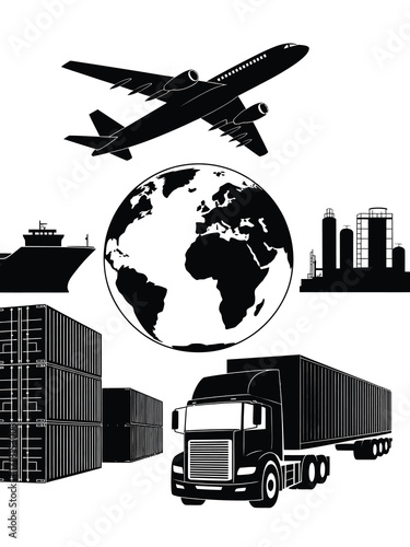Global logistics and transportation network with airplane ship truck and containers