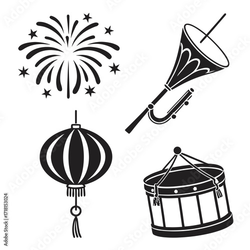 Festive icons: drum, horn, lantern, and fireworks silhouette