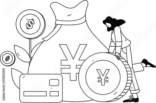 Dynamic business growth concept with a person interacting with a giant money bag, coins, and credit card symbolizing financial success and investment opportunities