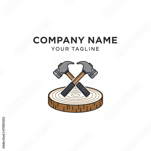 Company Logo Design with Crossed Claw Hammers on a Tree Stump, Symbolizing Carpentry, Construction, and Home Improvement Services, Flat Vector Elements, Vector Illustration, Simple Vector, Stylized