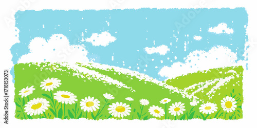 Charming hand drawn illustration of a sunny meadow filled with daisies and rolling green hills under a blue sky with fluffy clouds
