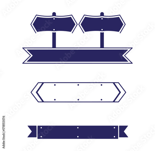 Elegant vector graphic set featuring decorative ribbons and directional signs in blue