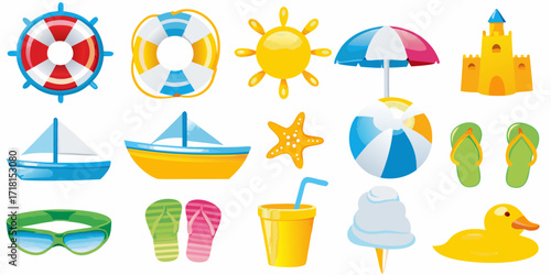 Collection of cartoon summer beach vacation icons and symbols for design