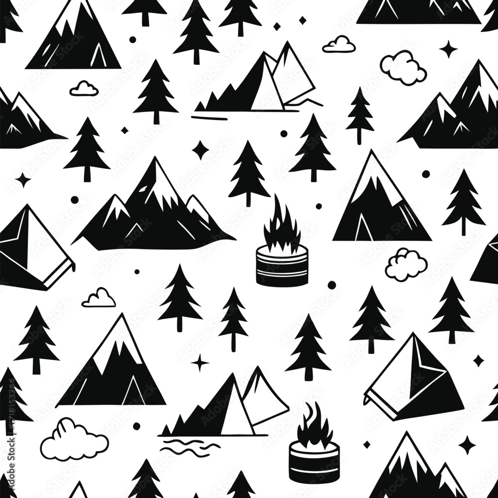 Fototapeta premium Camping pattern vector design with mountains, tents, trees, and campfire icons, outdoor adventure seamless background, eco travel lifestyle, exploration template artwork illustration