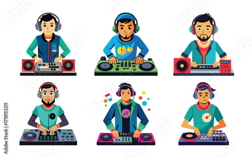 Six DJs mixing music on turntables and mixers