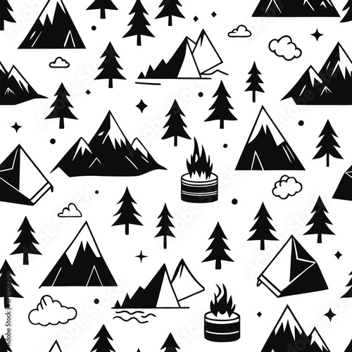Camping pattern vector design with mountains, tents, trees, and campfire icons, outdoor adventure seamless background, eco travel lifestyle, exploration template artwork illustration
