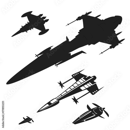 Fotografie Five diverse science fiction spaceship silhouettes Keywords: spaceship, spacecra