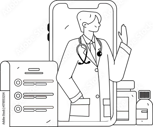 Confident doctor waving hello from smartphone screen offering telehealth services and medical advice, representing modern healthcare access and patient care convenience.