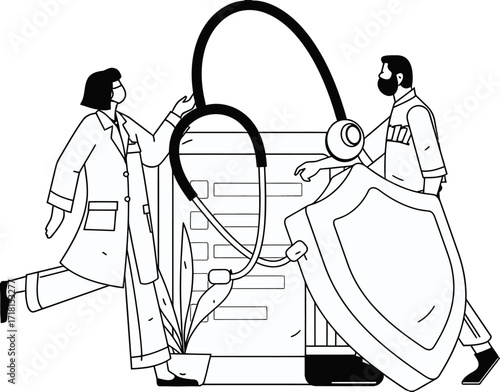 Dynamic healthcare professionals collaborating on patient data protection and insurance with a shield and stethoscope symbolizing comprehensive medical security and wellness services