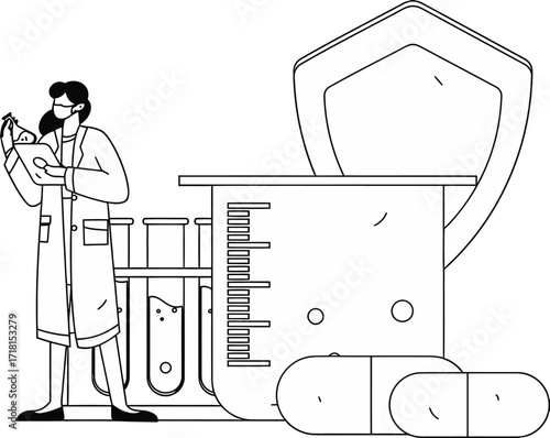 Dedicated scientist in lab coat meticulously analyzing research data with beakers and pills symbolizing medical breakthrough and innovation
