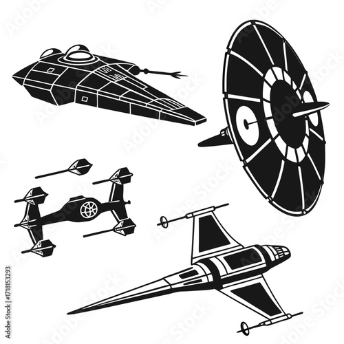 Five science fiction spaceship silhouettes with a disc-shaped craft Keywords: spaceship