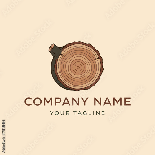 Illustrative tree log cross-section showing annual growth rings with bark and small branch detail, paired with a generic company text placeholder on a light beige background., Flat Vector Elements,