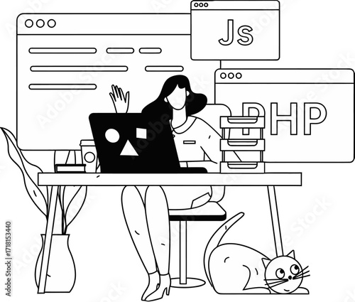 Creative programmer woman coding on laptop in modern workspace with JavaScript and PHP languages visible on screen, adorable cat nearby