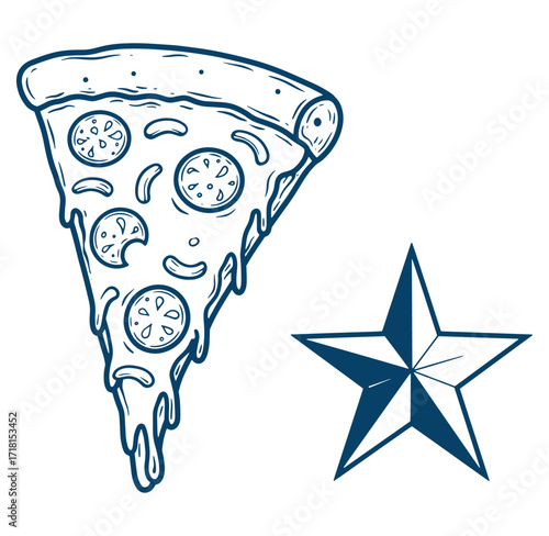 Hand drawn pizza slice with melted cheese and a nautical star on a white background