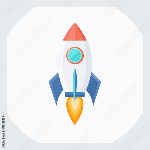 A cartoon rocket launching into space.