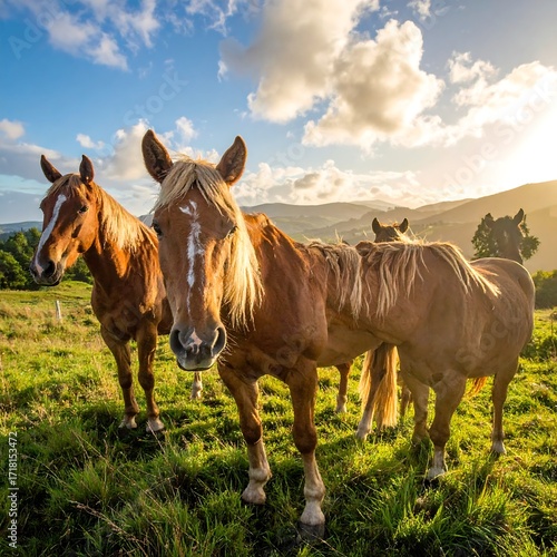 Three horses in a field at sunset