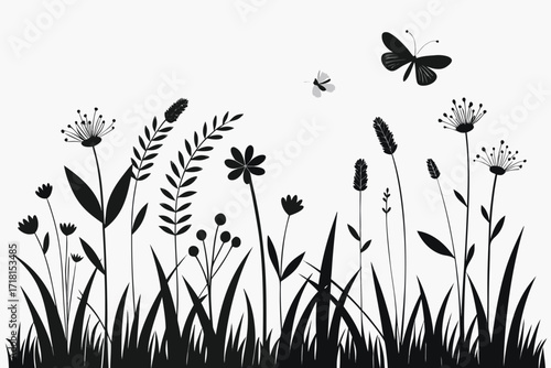 Vector art of silhouette of wildflowers and butterflies