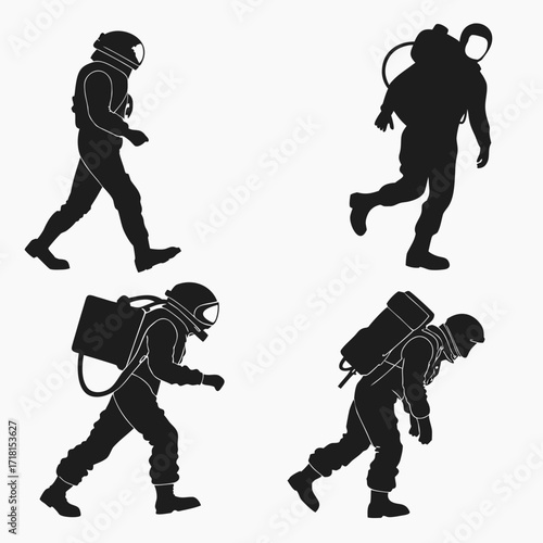 Four Astronaut Silhouettes in Dynamic Poses on White Background