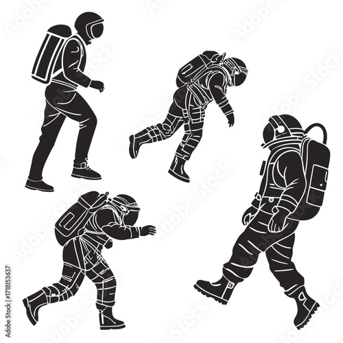 Four Astronaut Silhouettes in Various Poses on White Background