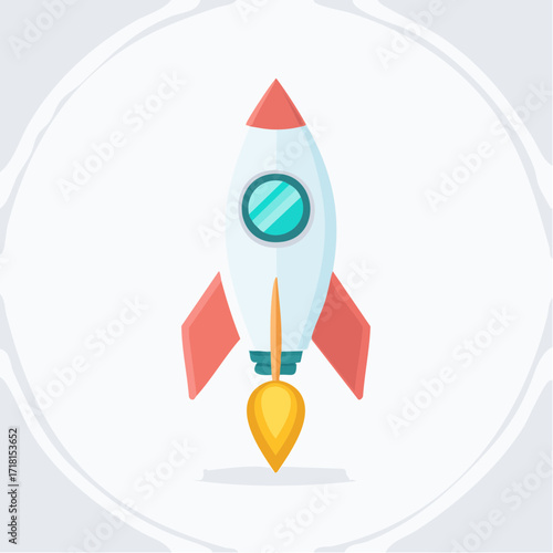 A stylized illustration of a white rocket ship with red fins and a yellow flame blasting from its engine, set against a light gray circular background.