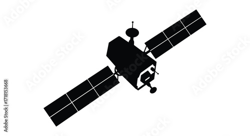 A black silhouette of a satellite with extended solar panels shown clearly