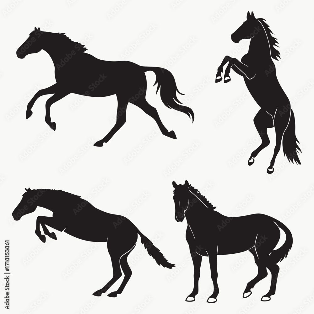 Fototapeta premium Four Black Horse Silhouettes in Various Poses animal
