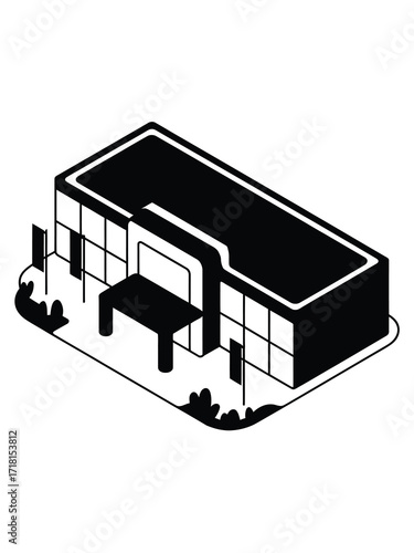 Modern building facade with geometric design and landscaping