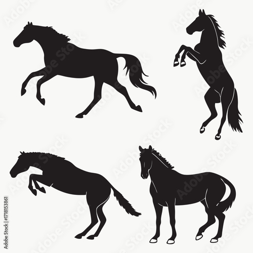 Four Black Horse Silhouettes in Various Poses animal
