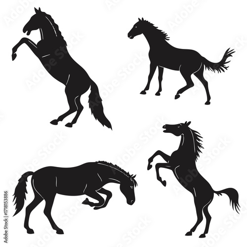 Four Black Horse Silhouettes in Various Poses Keywords: horse, silhouette, animal, equine