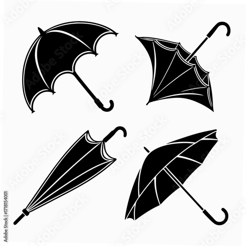 Four Black Silhouette Umbrellas on White Background