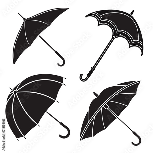 Four Black Silhouette Umbrellas With Detailed Ribbing