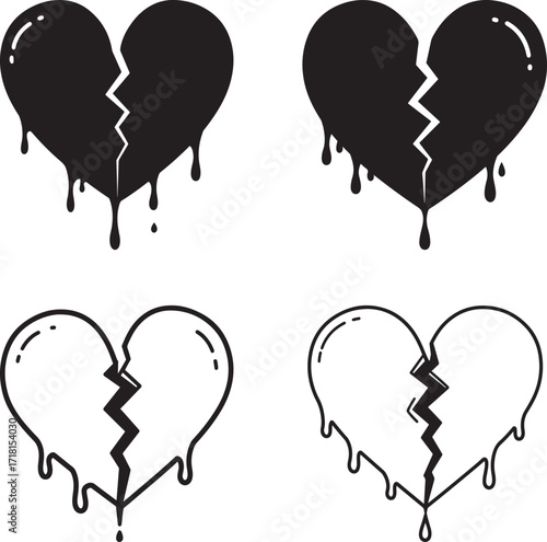 Four dripping broken heart illustrations silhouette
