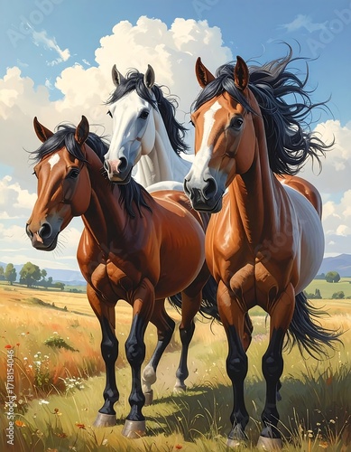 Three horses in a field under a sunny sky