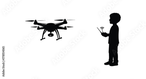 A silhouette of a boy operating a quadcopter drone with a remote control