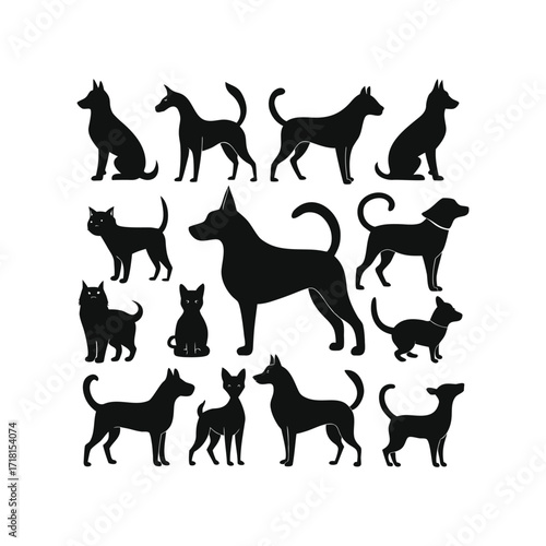 Black cat silhouette vector set with various poses, domestic pet icons, creative animal design collection, feline symbol artwork, abstract product template for graphic illustration