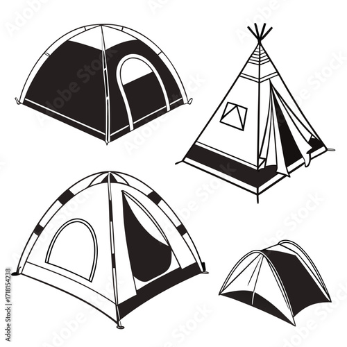 Four Camping Tents In Black And White Line Art shelter