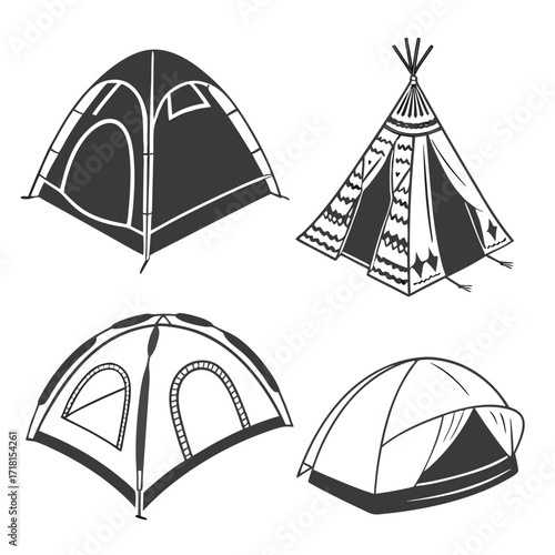 Four Camping Tents in Silhouette and Outline Style